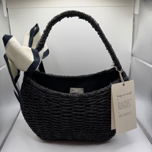 a new day Handbags - A New Day Black Woven Straw Handbag with Striped Scarf Bow NEW